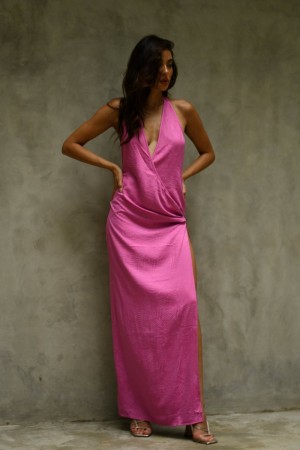 Women's Meshki Aaliyah Plunge Neck Maxi Dress Rose Pink Australia | P7V-0961