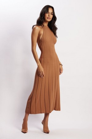 Women's Meshki Adrienne Halter Neck Midi Dress Brown Australia | E7H-7128