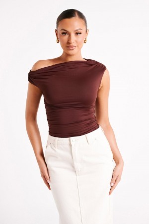 Women's Meshki Alayna Recycled Nylon Ruched Tops Chocolate Australia | S6T-4097