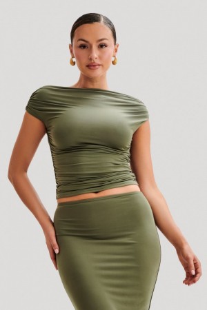 Women's Meshki Alayna Slinky Ruched Tops Olive Australia | B8E-1468