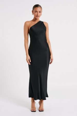 Women's Meshki Alejandra One Shoulder Satin Maxi Dress Black Australia | V2B-7410