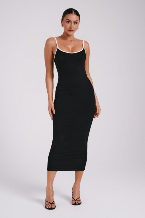 Women's Meshki Alexis Ribbed Contrast Midi Dress Black / White Australia | K9Q-9029