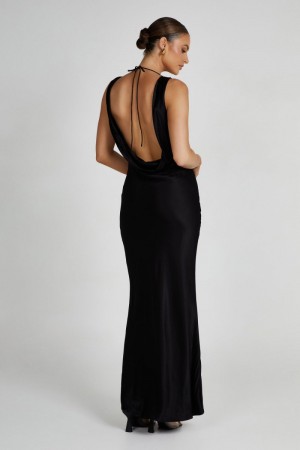 Women's Meshki Angelique Satin Cowl Back Maxi Dress Black Australia | O0D-0087