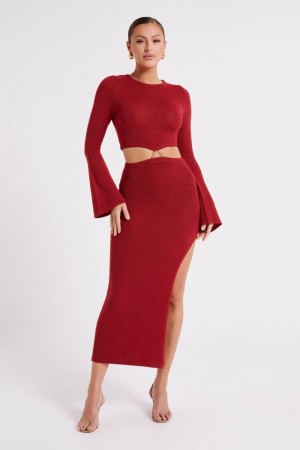 Women's Meshki Anna Flare Sleeve Knit Midi Dress Dark Red Australia | Q4G-6482