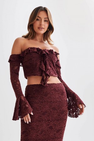 Women's Meshki Artemis Lace Plisse Off Shoulder Tops Purple Australia | E8V-7428