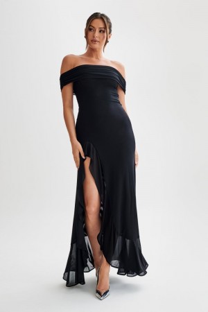 Women's Meshki Audrey Off Shoulder Mesh Maxi Dress Black Australia | J3M-1096