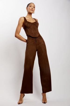 Women's Meshki Audrey Suede Wideleg Pants Chocolate Australia | Z7P-9246