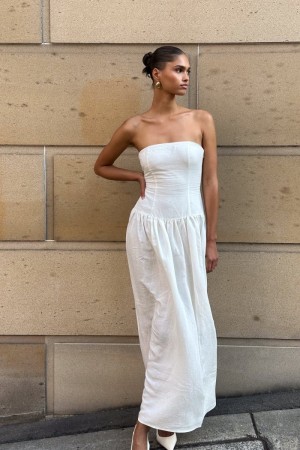 Women's Meshki Audrina Strapless Linen Maxi Dress White Australia | X3J-7478