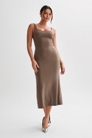 Women's Meshki Augustine Slinky Scoop Midi Dress Chocolate Australia | I2I-6374