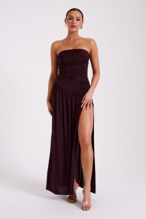 Women's Meshki Bex Strapless Slinky Split Maxi Dress Burgundy Australia | U2G-3214