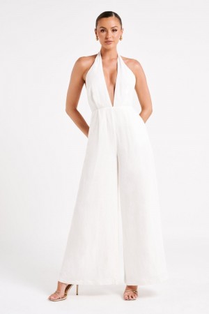 Women's Meshki Blanca Linen Halter Jumpsuit White Australia | R5G-5675