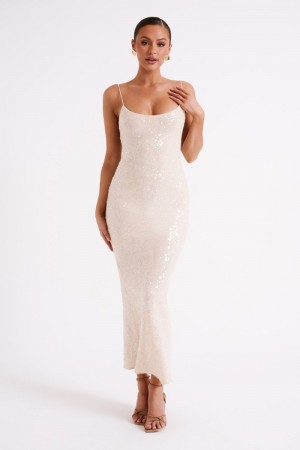 Women's Meshki Brianna Sequin Maxi Dress Cream Australia | R9K-0703