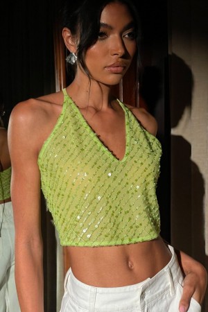 Women's Meshki Brielle Sequin Halter Tops Green Australia | K3Y-5141