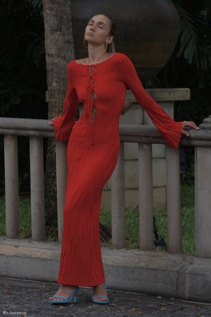 Women's Meshki Brinley Long Sleeve Knit Maxi Dress Red Australia | L6Y-0392