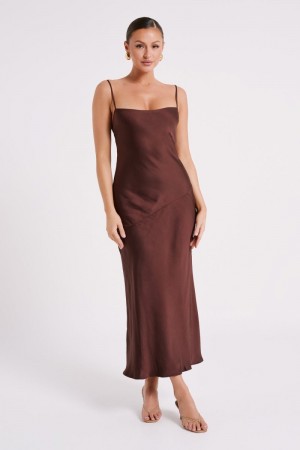 Women's Meshki Brynlee Low Back Satin Maxi Dress Dark Chocolate Australia | O1J-4772