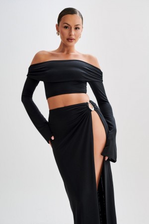 Women's Meshki Camryn Slinky Off Shoulder Crop Tops Black Australia | V7E-2903