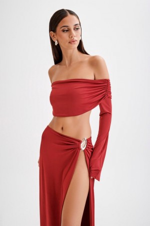 Women's Meshki Camryn Slinky Off Shoulder Crop Tops Red Australia | I7X-2408