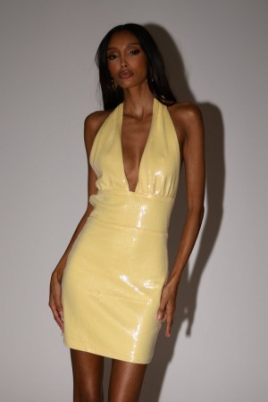 Women's Meshki Carleigh Sequin Halter Mini Dress Lemon Australia | J1G-3336