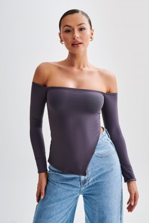 Women's Meshki Carmen Recycled Nylon Off Shoulder Tops Deep Grey Australia | G1B-6277