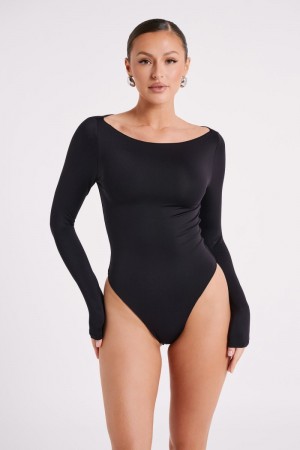 Women's Meshki Cate Boatneck Long Sleeve Bodysuit Black Australia | A2W-6887