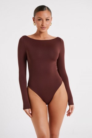 Women's Meshki Cate Boatneck Long Sleeve Bodysuit Chocolate Australia | W0L-0811