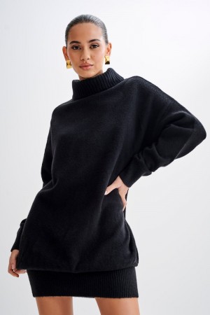 Women's Meshki Celeste Long Sleeve Knit Mini Dress Black Australia | P5C-2365