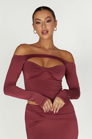 Women's Meshki Ceri Off Shoulder Long Sleeve Tops Dark Red Australia | K5S-9641