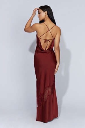 Women's Meshki Chandra Lace Detail Satin Maxi Dress Red Australia | T5Y-5997