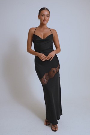 Women's Meshki Chandra Lace Detail Satin Maxi Dress Black Australia | O2Q-2162