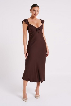 Women's Meshki Chantal Short Sleeve Satin Midi Dress Dark Chocolate Australia | N4W-2820