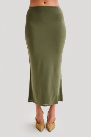 Women's Meshki Charlene Slinky Midi Skirts Olive Australia | G3F-5503