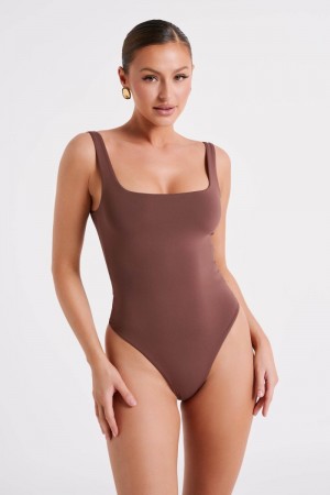 Women's Meshki Charlie Recycled Nylon Scoop Neck Bodysuit Brown Australia | G1D-8157