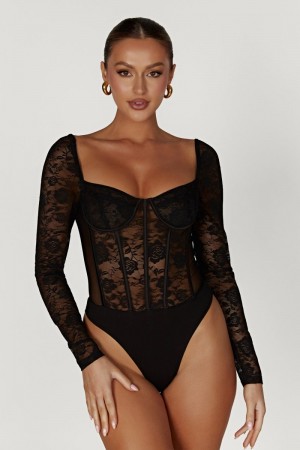 Women's Meshki Cheryl Lace Bodysuit Black Australia | E9M-9949