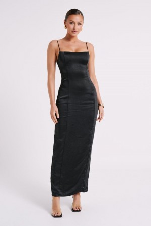 Women's Meshki Chrisley Satin Split Maxi Dress Black Australia | J6J-6477