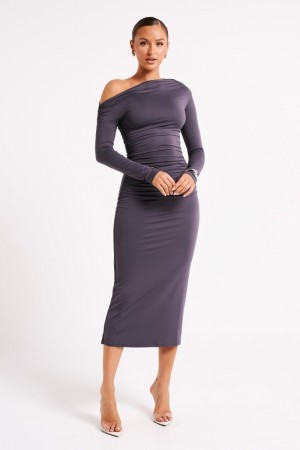 Women's Meshki Christabel Recycled Nylon Ruched Midi Dress Deep Grey Australia | D3Y-8687