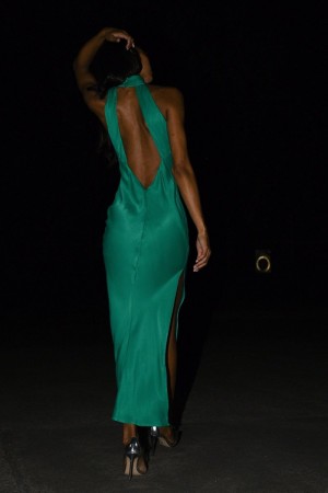 Women's Meshki Claire Satin Drape Back Split Maxi Dress Green Australia | U8L-0490