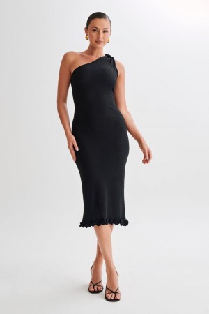 Women's Meshki Clementine One Shoulder Knit Midi Dress Black Australia | D7W-5217