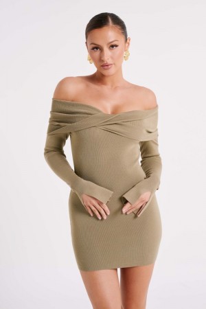 Women's Meshki Clover Off Shoulder Knit Mini Dress Olive Australia | O5Y-7846