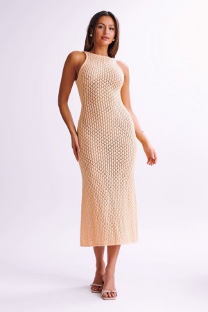 Women's Meshki Cordelia Crochet Fishtail Midi Dress Pink Australia | L0F-1000