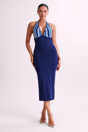 Women's Meshki Dana Stripe Knit Halter Midi Dress Blue Australia | T5E-9911