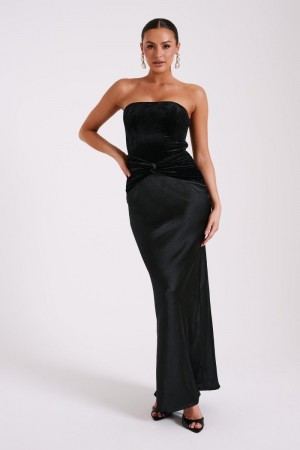 Women's Meshki Danna Strapless Satin Velvet Maxi Dress Black Australia | J7E-9470