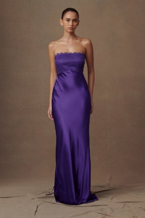 Women's Meshki Darcie Strapless Satin Maxi Dress Deep Purple Australia | U7K-6083