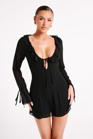 Women's Meshki Deja Long Sleeve Chiffon Mini Dress Black Australia | T1Y-4506