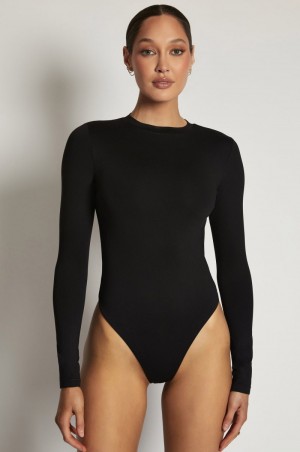 Women's Meshki Delilah Long Sleeve Crew Neck Bodysuit Black Australia | P2X-3188