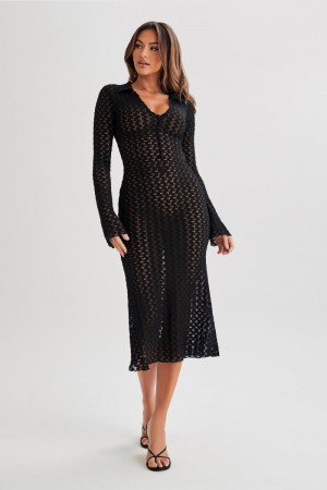 Women's Meshki Dionne Lace Long Sleeve Midi Dress Black Australia | B6Y-7487