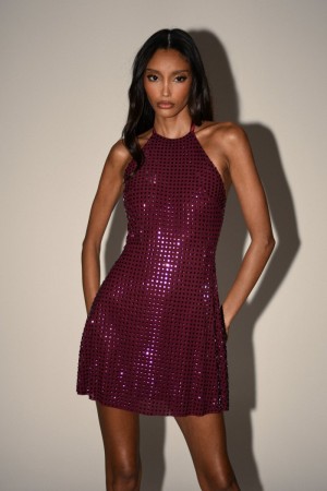 Women's Meshki Dorothy Square Diamante Halter Mini Dress Burgundy Australia | S6T-9844