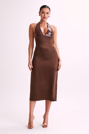 Women's Meshki Ebony Satin Sequins Midi Dress Chocolate Australia | N5H-6121