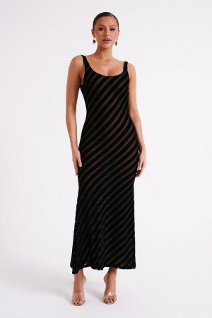 Women's Meshki Elena Striped Velvet Burnout Maxi Dress Black Australia | C2G-3046