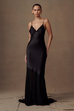 Women's Meshki Evelyn Iridescent Satin Maxi Dress Black Australia | I1K-0176