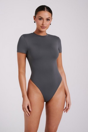 Women's Meshki Francesca Recycled Nylon Crew Neck Short Sleeve Bodysuit Deep Grey Australia | J3R-7711